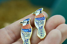 Lade das Bild in den Galerie-Viewer, Emaille Pin - Blauhäher mit Schal - Glitzer und Normale Variante