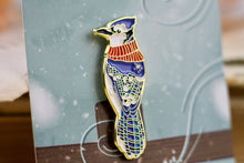 Lade das Bild in den Galerie-Viewer, Emaille Pin - Blauhäher mit Schal - Glitzer und Normale Variante