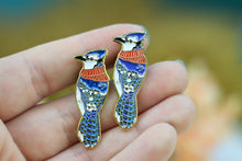 Lade das Bild in den Galerie-Viewer, Emaille Pin - Blauhäher mit Schal - Glitzer und Normale Variante
