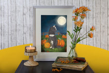 Lade das Bild in den Galerie-Viewer, Print - Halloween Katze mit Kürbis - Vollmond - Handgemalte Illustration