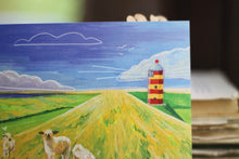Lade das Bild in den Galerie-Viewer, Postkarte - Schafe auf Deich - Nordsee mit Leuchtturm - Aquarell Illustration - Handgemalt - Geburtstagskarte