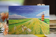 Lade das Bild in den Galerie-Viewer, Postkarte - Schafe auf Deich - Nordsee mit Leuchtturm - Aquarell Illustration - Handgemalt - Geburtstagskarte