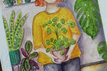 Lade das Bild in den Galerie-Viewer, Postkarte - Pflanzenmädchen - Frau mit Pilea - Let the good thoughts grow - Eigene Illustration