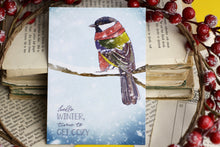 Lade das Bild in den Galerie-Viewer, Postkarte - Kohlmeise im Schnee - Vogel mit Schal - hello winter - Weihnachten Winter - Eigene Illustration