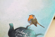 Lade das Bild in den Galerie-Viewer, Notizblock - Rotkehlchen auf Teekanne - Affirmation - Trust Myself - A6 - 50 Seiten - Handgemalte Illustration