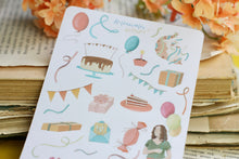 Lade das Bild in den Galerie-Viewer, Stickerbogen - Geburtstag - Torte, Luftballons, Luftschlangen - Bullet Journal - Eigene Illustrationen