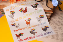 Lade das Bild in den Galerie-Viewer, Microfasertuch - Protestierende Hühner mit Pride Flaggen und Spruch - LGBTQIA+ - für Brillen, Handys, Objektive - Eigene Illustration