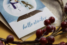 Lade das Bild in den Galerie-Viewer, Klappkarte - Hello Winter - Schneemann mit Häschen