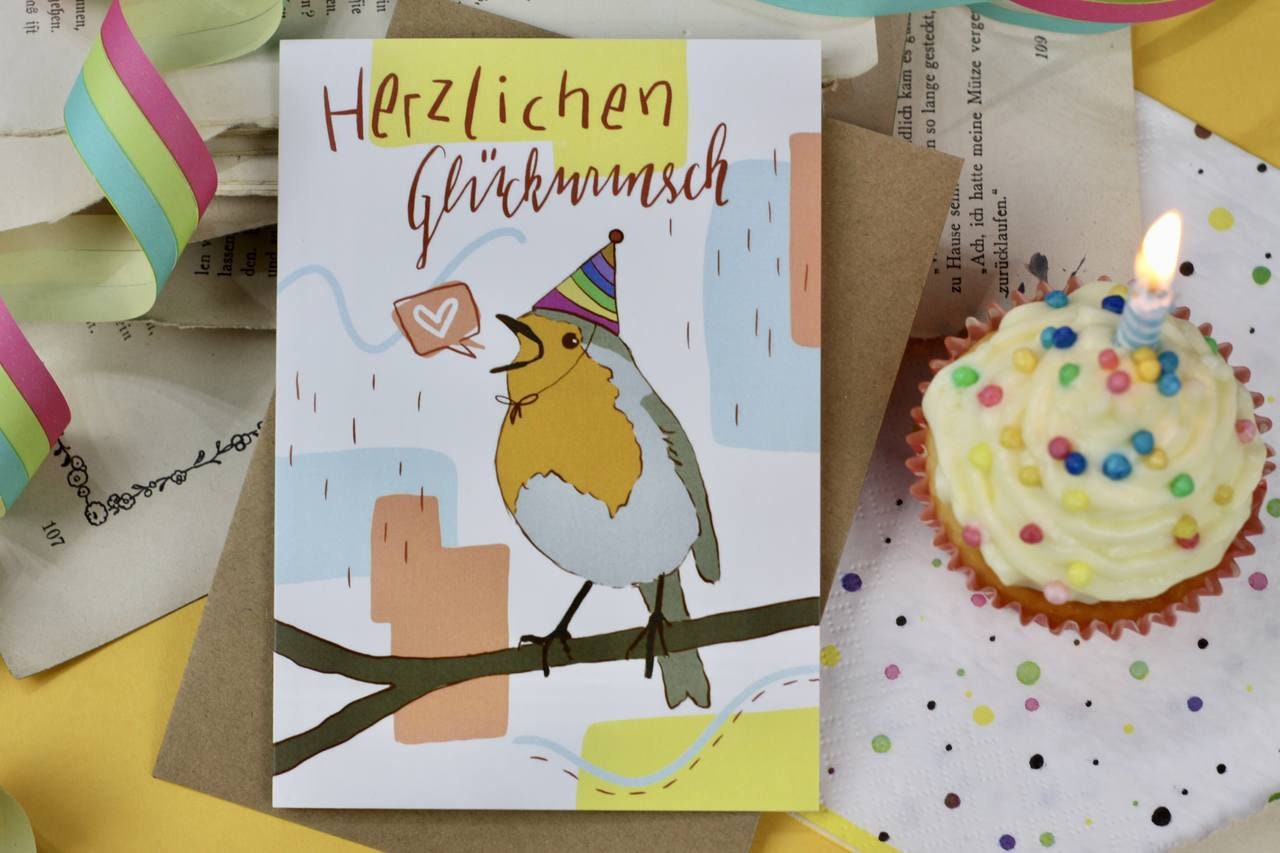 Klappkarte - Rotkehlchen mit Partyhut