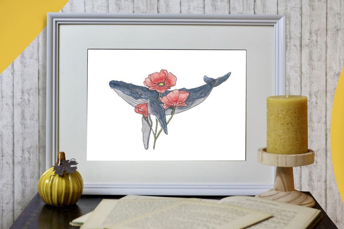 Print - Buckelwal mit Mohnblume