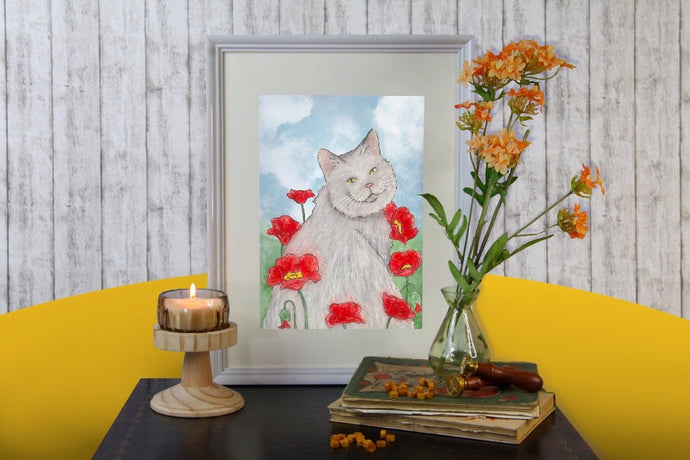 Print - Katze im Mohnblumenfeld - Handgemalte Illustration