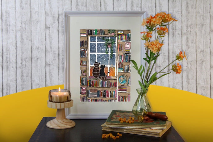 Print - Katzen im Bücherregal - Handgemalte Illustration