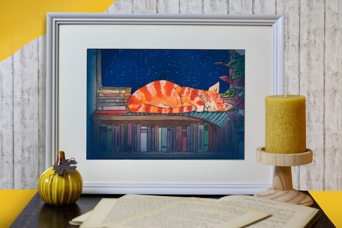 Print - Schlafende Katzen zwischen Büchern - Handgemalte Illustration