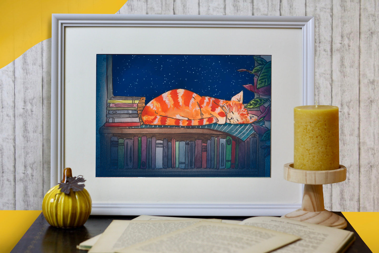 Print - Schlafende Katzen zwischen Büchern - Handgemalte Illustration
