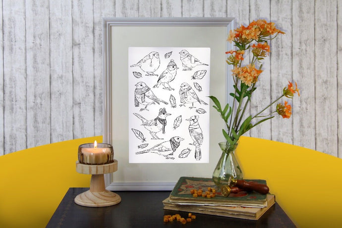 Print - Vögel mit Schal und Mütze - Lineart Illustration