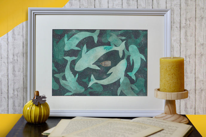 Print - Wale bei Nacht - Buckelwale im Meer - Handgemalte Illustration