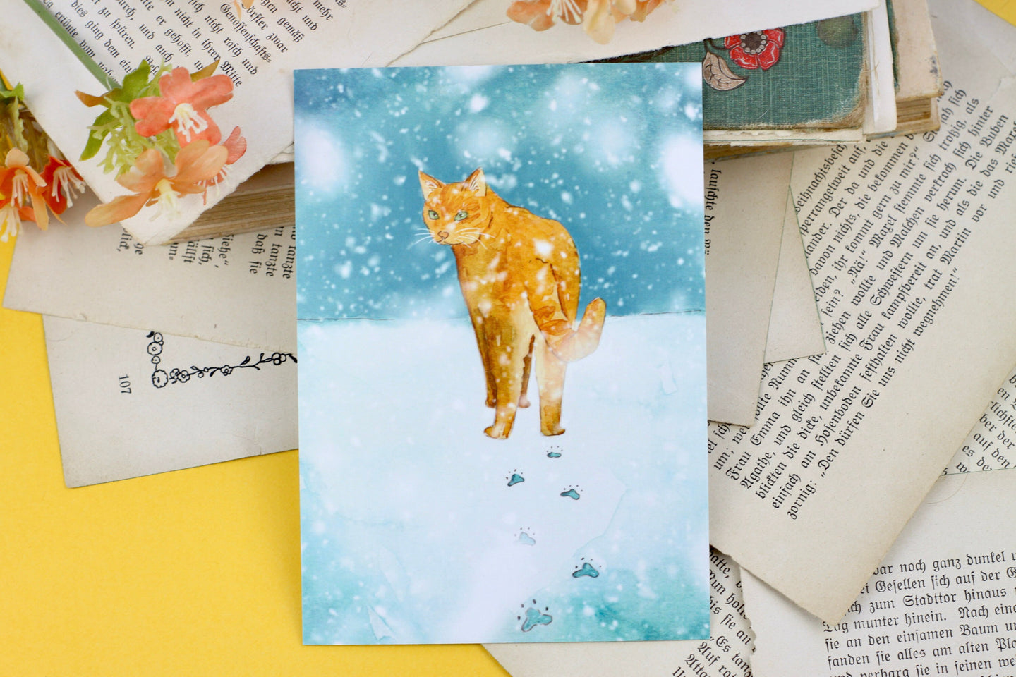 Postkarte - Katze im Schnee - Rote Katze - Aquarell Illustration