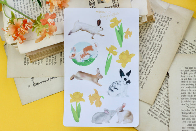 Stickerbogen - Häschen mit Blumen - Kaninchen und Narzissen - Bullet Journal