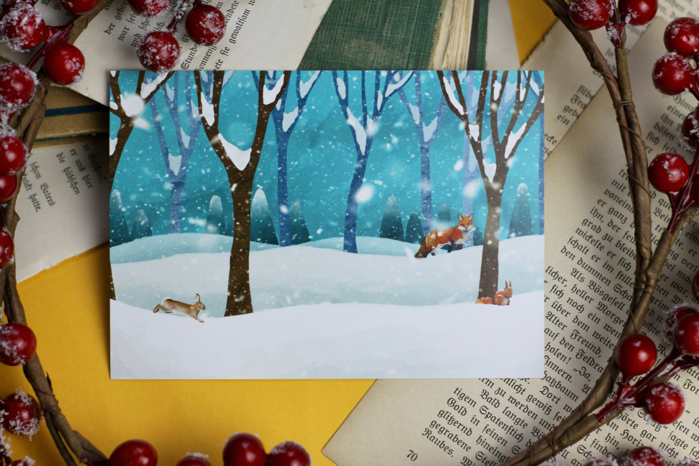Postkarte - Winterwald - Weihnachten - Fuchs, Hase und Eichhörnchen - Eigene Illustration