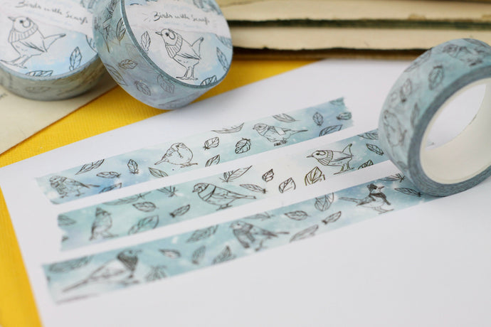 Washi Tape - Vögel mit Schal und Mütze - Federn Lineart - Eigene Illustrationen - Eichelhäher, Rotkehlchen, Blaumeise, Kleiber