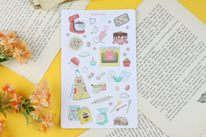 Stickerbogen - Backen - Backzutaten, Kuchen und Kekse, Schürze, Mixer und Backbücher - Bullet Journal