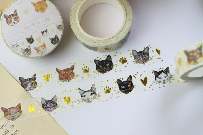 Washi Tape - Meine liebsten Katzen - Gold Foil - Eigene Illustrationen nach echten Katzen aus meinem Leben