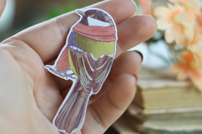 Vinyl Sticker - Kohlmeise mit Schal - Gartenvögel - Handgemalte Illustration