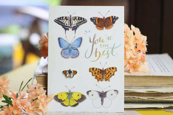 Karte mit Emaille Pin - Minipin - Schmetterling - You are the best - Aurorafalter - Grußkarte mit Pin - Geschenkidee