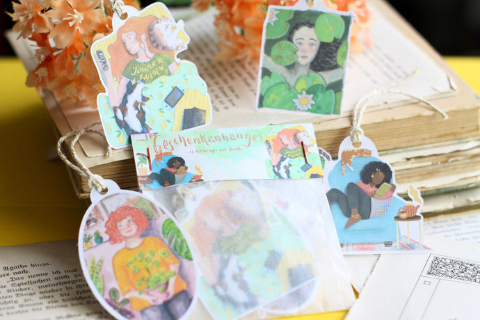 Geschenkanhänger - Frauen Illustrationen - Gemütliche Malerei Frauen Mädchen - Geschenke verpacken - Eigene Illustration