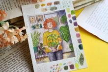 Lade das Bild in den Galerie-Viewer, Postkarte - Pflanzenmädchen - Frau mit Pilea - Let the good thoughts grow - Eigene Illustration
