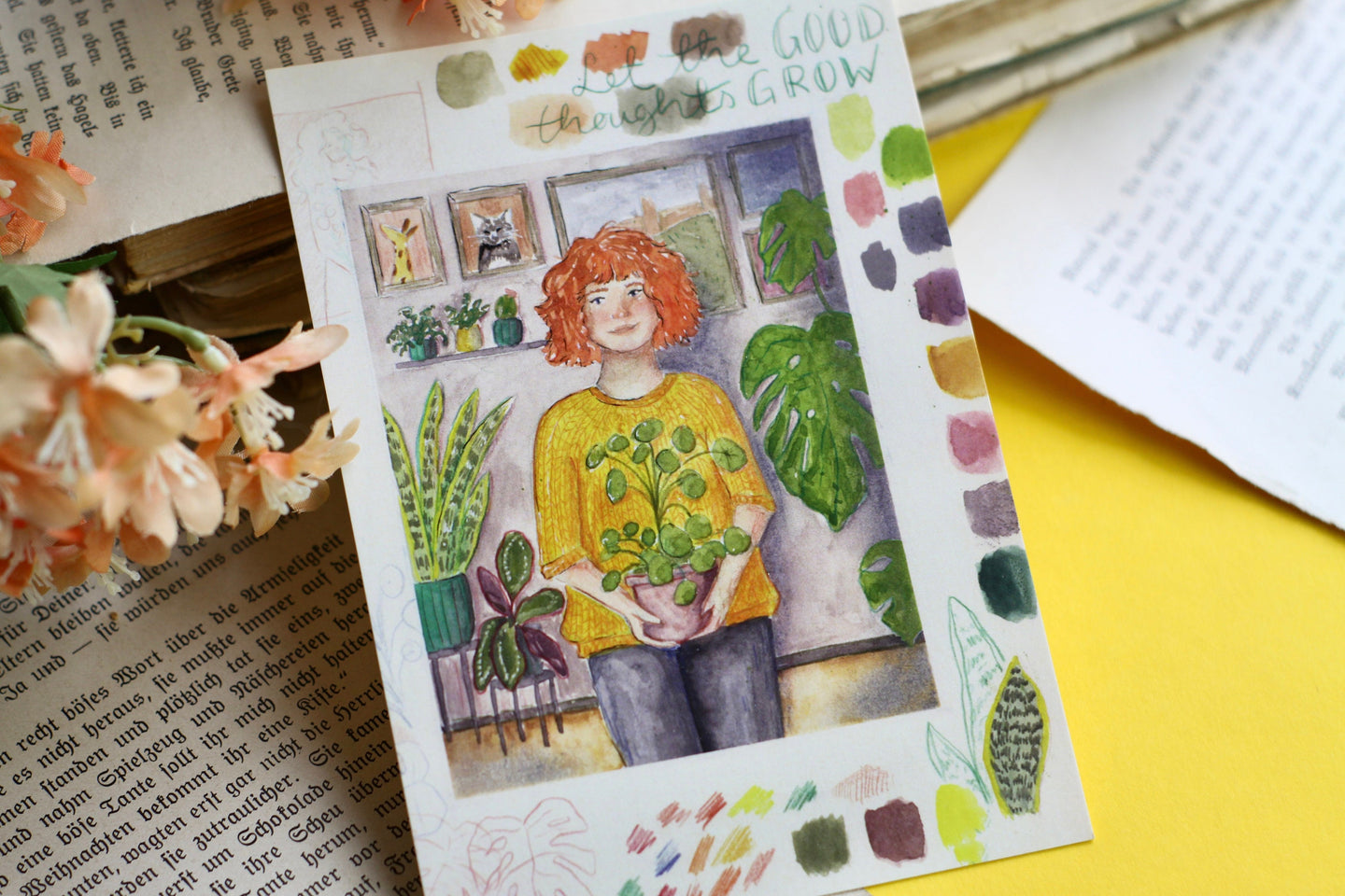 Postkarte - Pflanzenmädchen - Frau mit Pilea - Let the good thoughts grow - Eigene Illustration
