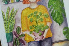 Lade das Bild in den Galerie-Viewer, Postkarte - Pflanzenmädchen - Frau mit Pilea - Let the good thoughts grow - Eigene Illustration
