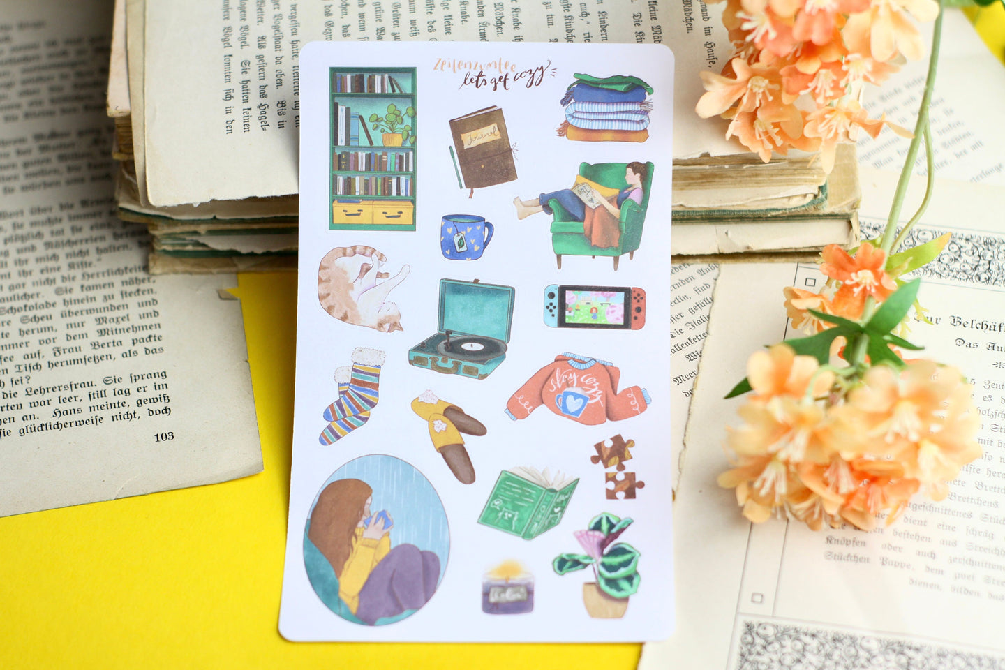 Stickerbogen - Lets get cozy - Gemütliche Sticker - Bücher, Pflanzen, Katze, Herbst, Winter - Bullet Journal - Eigene Illustrationen