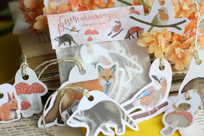Geschenkanhänger - Anhänger - Waldtiere - Fuchs, Waschbär, Eichhörnchen, Pilze - Geschenke verpacken - Eigene Illustration