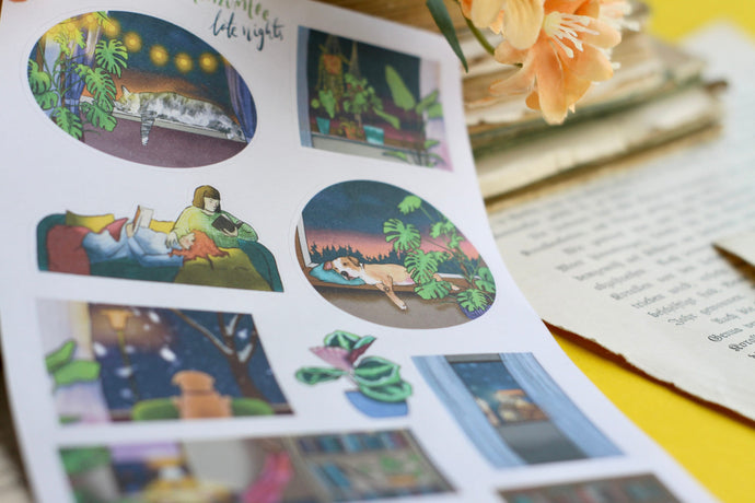 Stickerbogen - Late Nights - gemütliche abendstimmung - Bullet Journal - Eigene Illustrationen