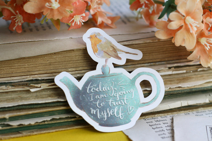 Vinyl Sticker - Rotkehlchen auf Teekanne - Affirmation - Handgemalte Illustration