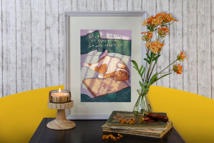 Print - Roter Kater mit Buch und Spruch- Bücher und Katzen - Handgemalte Illustration