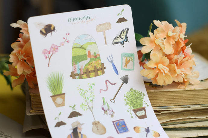 Stickerbogen - Im Garten - Gartenarbeit - Gemüse, Schmetterlinge, Gartengeräte, Gartenliebe, Blumen - Bullet Journal - Eigene Illustrationen