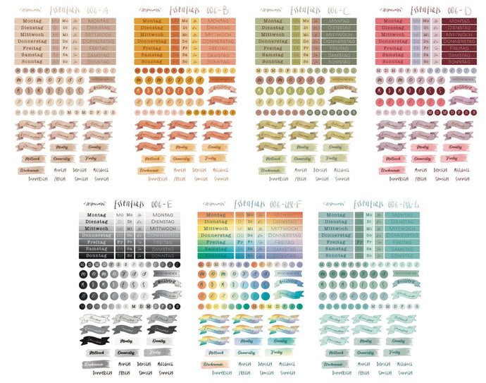 Stickerbogen - Essentials 006 - Wochentage - Verschiedene Farben / Englisch und Deutsch - Bullet Journal, Planer - Eigene Illustrationen