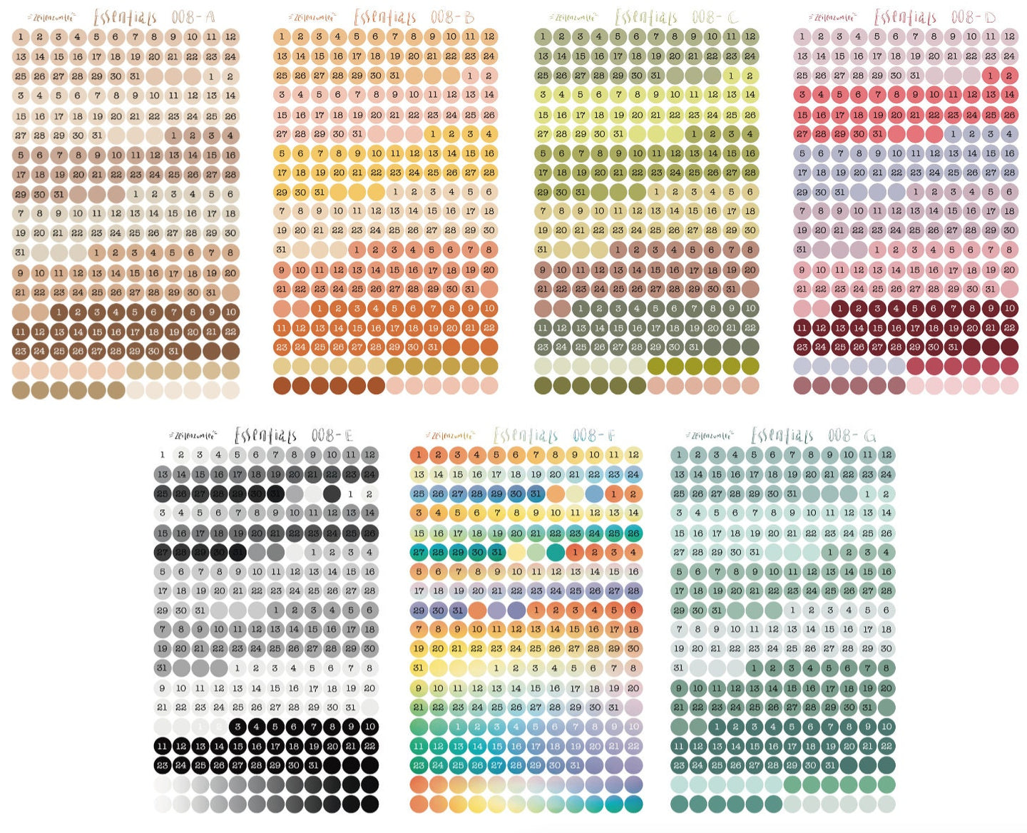 Stickerbogen - Essentials 008 - Zahlen - 1-31 - Verschiedene Farben - Bullet Journal, Planer - Eigene Illustrationen