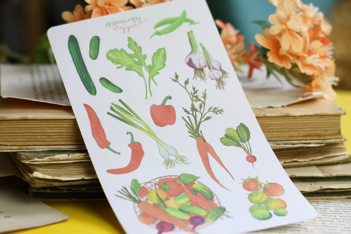 Stickerbogen - Gemüse - Veggies - Tomaten, Gurke, Radieschen, Knoblauch - Bullet Journal - Eigene Illustrationen