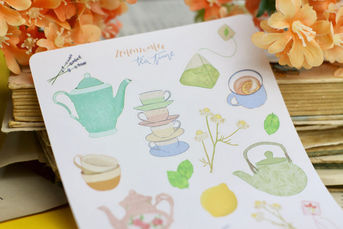 Stickerbogen - Tee - Teekannen, Teebeutel, Zitrone, Zucker, Tassen - Cozy - Teatime - Bullet Journal - Eigene Illustrationen