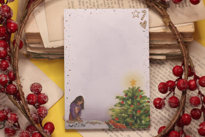 Notizblock - Kekse backen mit Katze - Weihnachtsbaum - Adventskalender befüllen - A6 - 50 Seiten - liniert - Eigene Illustration
