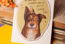 Lade das Bild in den Galerie-Viewer, Postkarte - Hund mit Bluthänfling - Kunst mit Hund und Vogel - Australien Shepherd - Liebe Worte Spruch - Eigene Illustration
