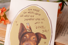 Lade das Bild in den Galerie-Viewer, Postkarte - Hund mit Bluthänfling - Kunst mit Hund und Vogel - Australien Shepherd - Liebe Worte Spruch - Eigene Illustration
