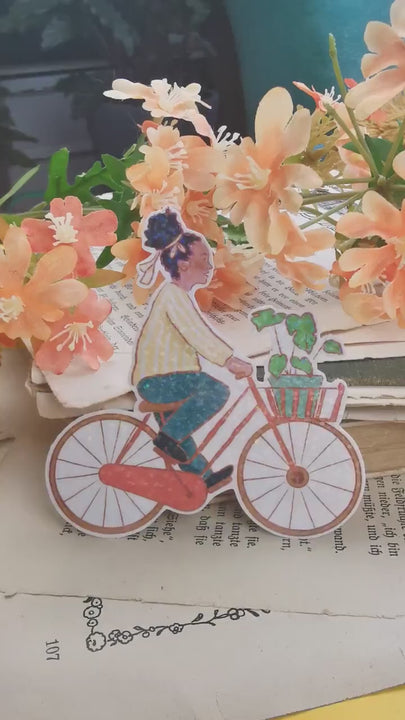 Vinyl Sticker mit Holographischem Effekt - Frau auf Fahrrad - BIPoC - Hollandrad - Pflanzen