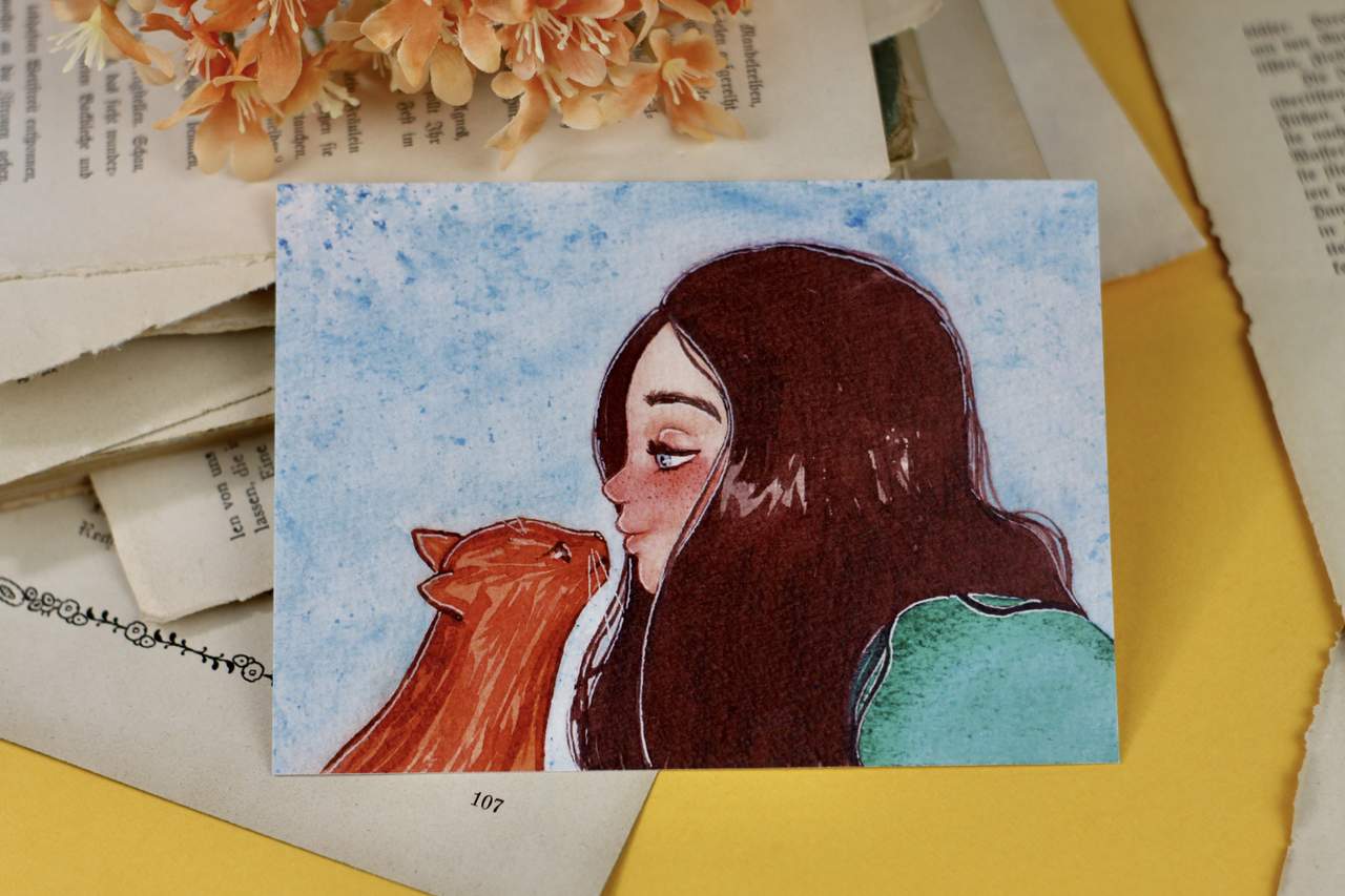 Postkarte - Katze und Mädchen Kuss
