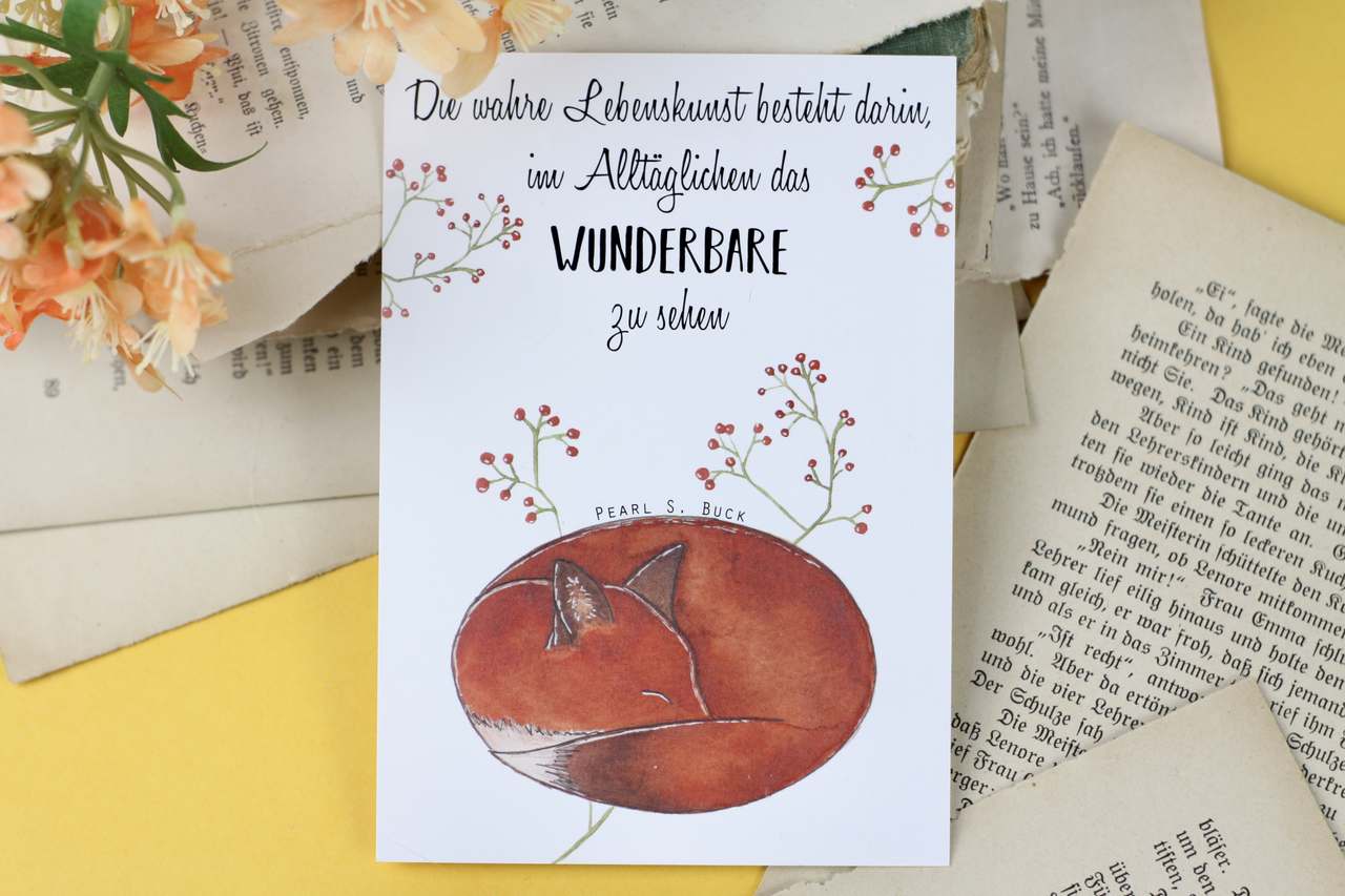 Postkarte - schlafender Fuchs - Spruch